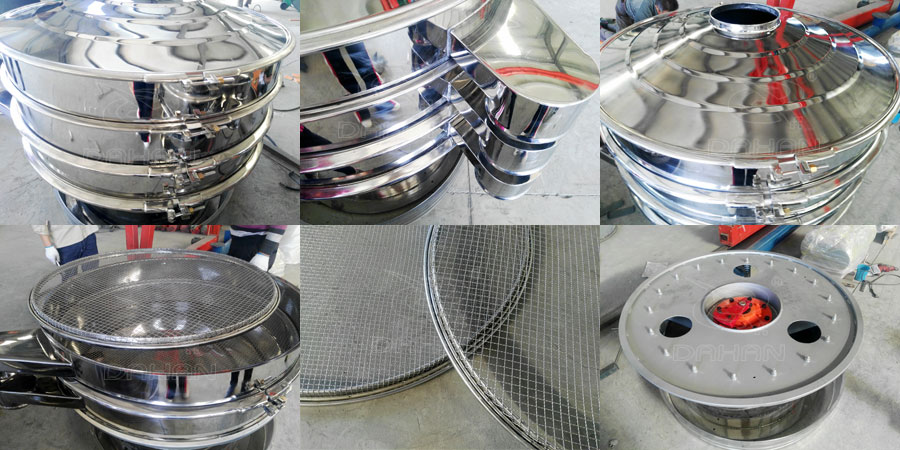 藕粉振動篩細(xì)節(jié):鎖緊扣,出料口,防塵蓋,篩網(wǎng),振動底座。