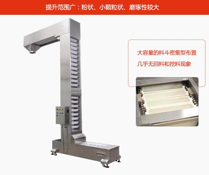 Z型斗式提升機的提升范圍廣：粉狀，小顆粒狀，磨琢性較大的物料都可輸送。