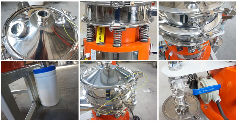 氣體保護超聲波振動篩細節(jié)：控制閥，料罐，篩網(wǎng)。