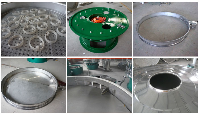 大型旋振篩細(xì)節(jié)：大型旋振篩篩網(wǎng)，大型旋振篩篩框，大型旋振篩防塵蓋。