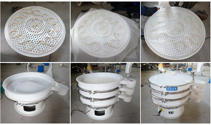 安裝塑料網(wǎng)架的空心U形網(wǎng)架,安裝清網(wǎng)裝置(擋球環(huán)和彈跳球),細網(wǎng)安裝到網(wǎng)架和清網(wǎng)裝置上面;安裝底框,將裝好的網(wǎng)架放到地框上再放一層篩框,安裝束環(huán)與防塵蓋,雙層塑料振動篩安裝完畢