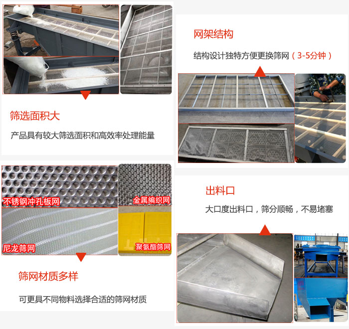 多層直線振動篩篩選面積大,網架結構方便篩網更換,篩網可選:不銹鋼沖孔板,金屬編織,尼龍篩網,聚氨酯篩網等。