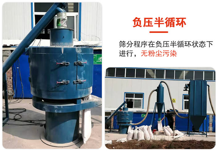 氣流篩負壓半循環,篩分程序在負壓版循環狀態下進行,無粉塵污染。