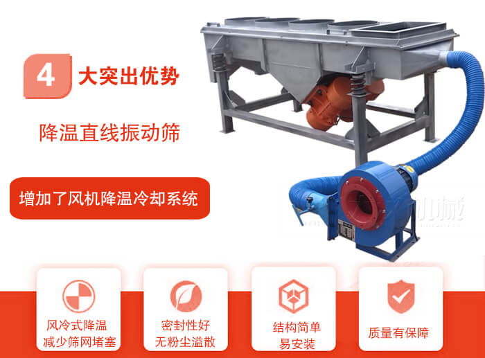 降溫直線振動(dòng)篩性能特點(diǎn):1,技術(shù)成熟,質(zhì)量可靠,篩分精度高,處理量大。2,風(fēng)冷式降溫系統(tǒng)設(shè)計(jì),快速有效降溫。3,適用范圍廣,可應(yīng)用于各種需要降溫的物料。4,設(shè)計(jì)精巧合理,結(jié)構(gòu)簡(jiǎn)單,易安裝,耗能少,噪音低5,篩網(wǎng)使用壽命長,換網(wǎng)更方便,快捷6,設(shè)備整體密封性好,無粉塵溢散。